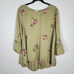 (EUC) JOHN MARK Olive Green Floral Embroidered 3/4 Sleeve Tunic Top